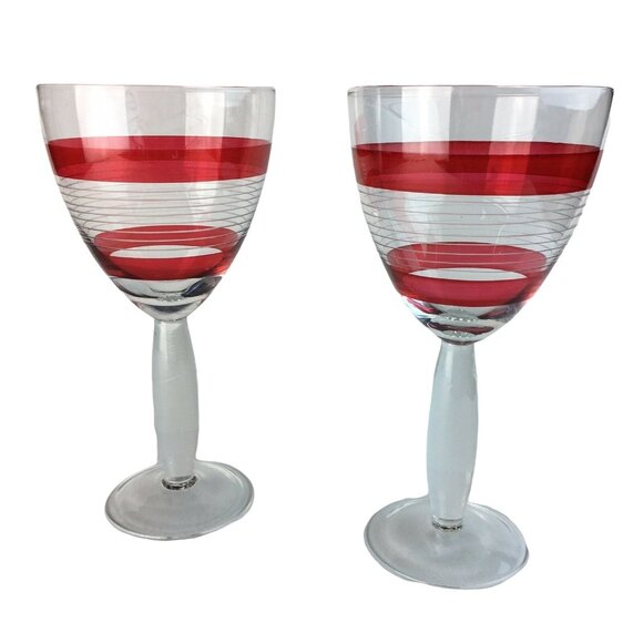 Clear Stemmed Glass Goblets Red Stripes 16 oz Oversized Lot 2 Large Barware u - Picture 1 of 5